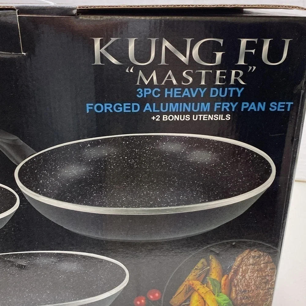 $99 NEW! Heavy Duty Forged Aluminum Fry Pan 3 Piece Set + 2 Bonus Utensils